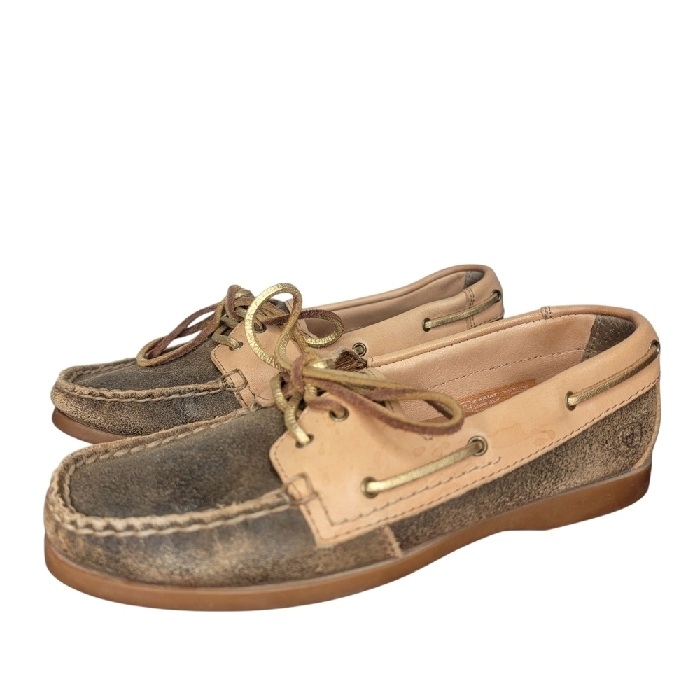 Ariat Distressed Brown and Tan Two Tone Slip On Leather Suede Boat Shoes